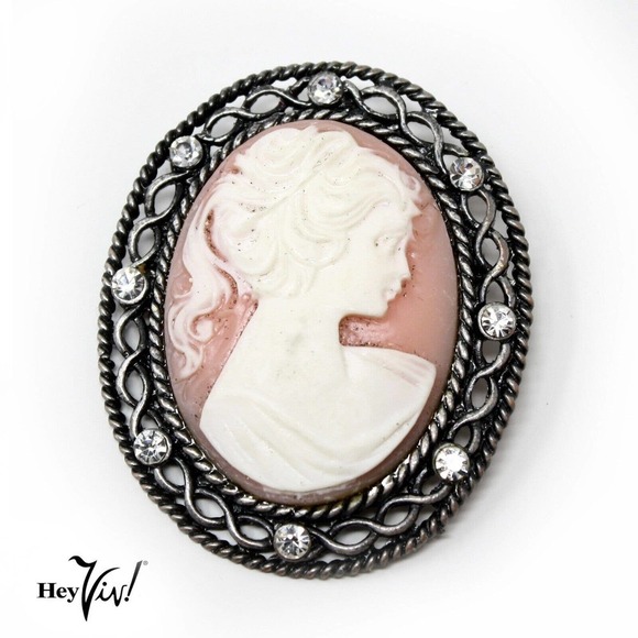 Vintage Jewelry - Vintage 1980s Store Stock Oval Cameo Pin Brooch 2.75" w Rhinestones - Hey Viv